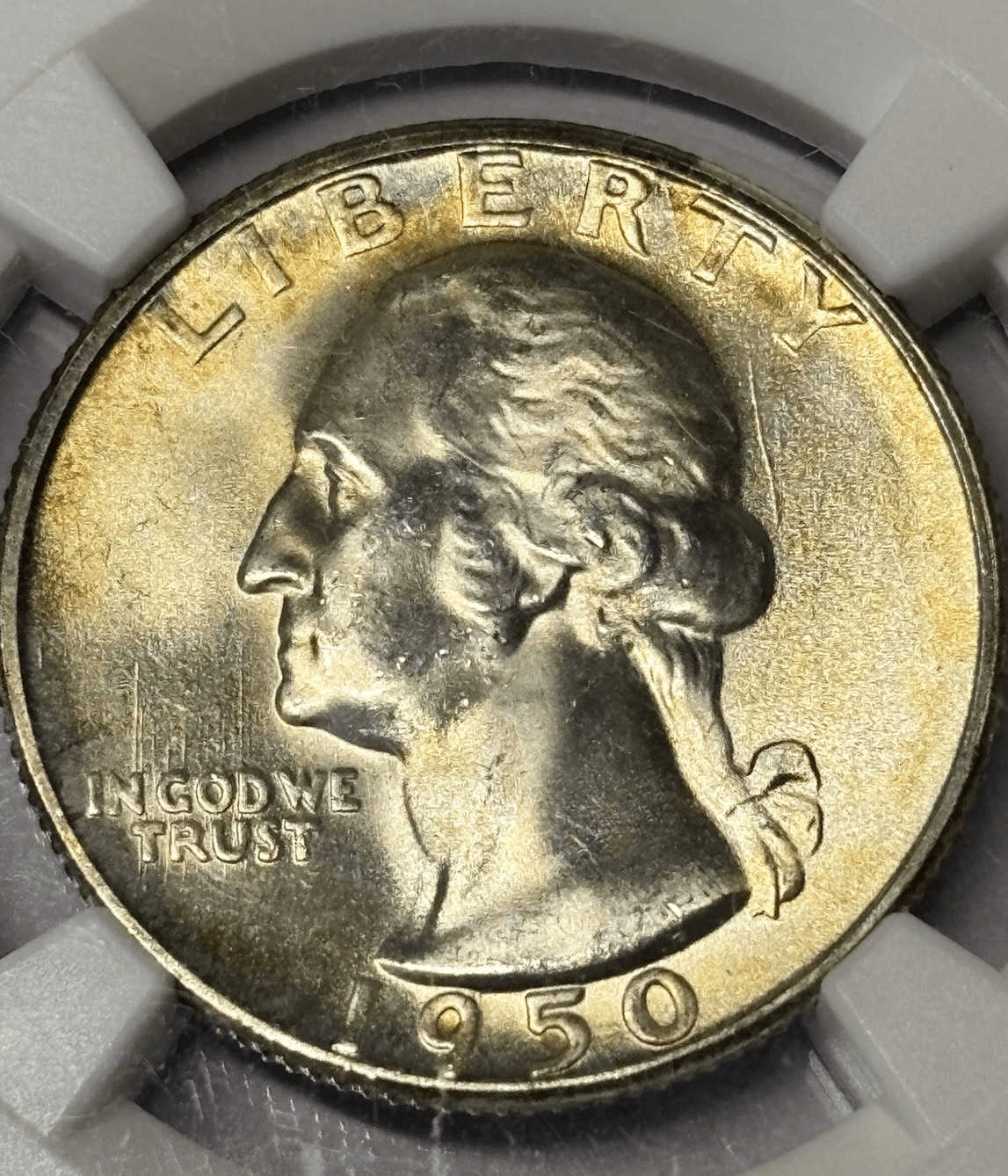 1950-S Washington Quarter NGC MS65 DDR obverse with silver toning