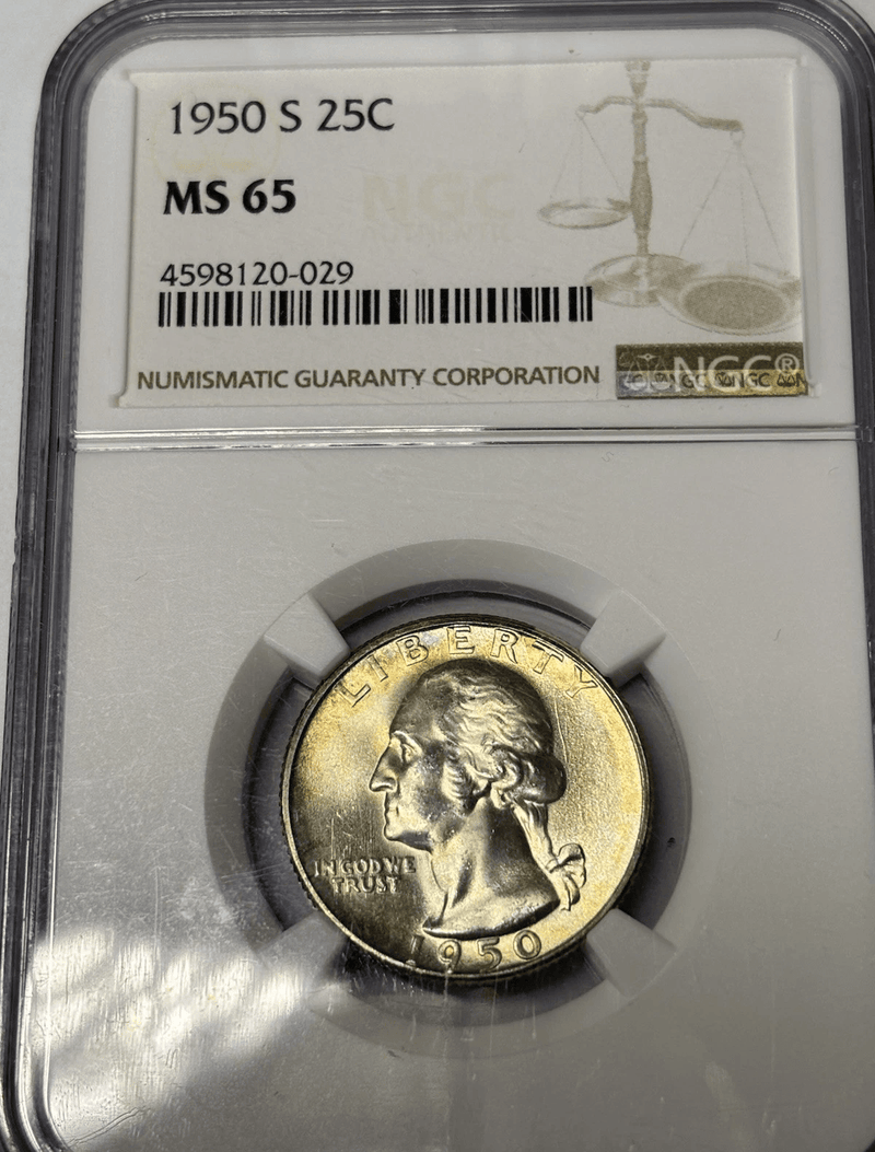 1950-S Washington Quarter NGC MS65 slab label showing certification details