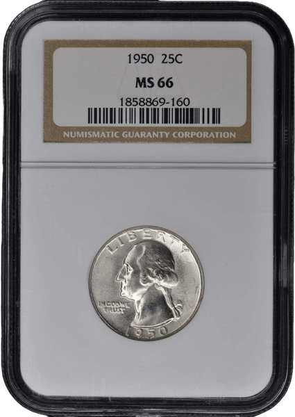 1950 Washington Quarter NGC MS66 Gem Brilliant Uncirculated silver coin in protective slab