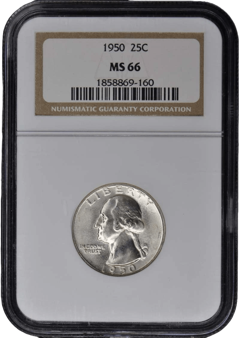 1950 Washington Quarter NGC MS66 Gem Brilliant Uncirculated silver coin in protective slab