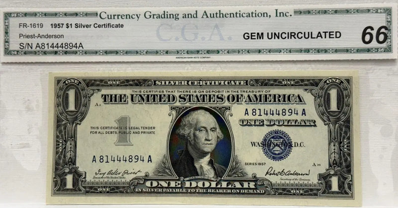 1957 $1 FR 1619 Silver Certificate S# A 81444894 A CGA-66 Heritage Pastime