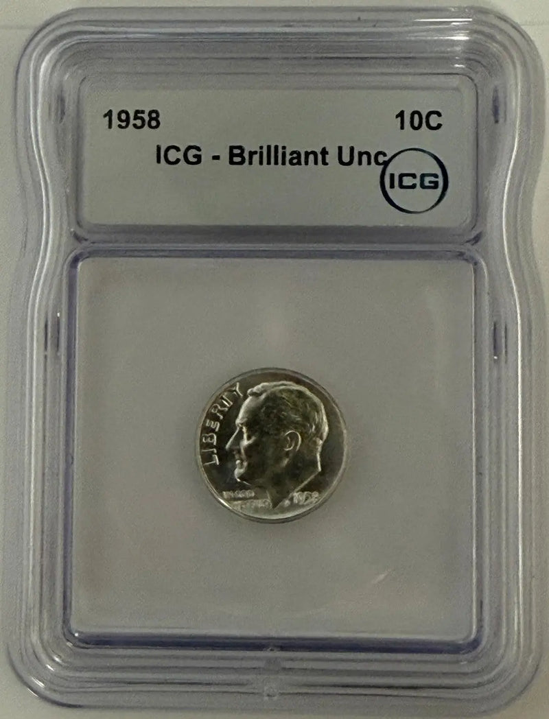 1958 Roosevelt Dime ICG Brilliant Uncirculated – 90% Silver Classic Coin Heritage Pastime