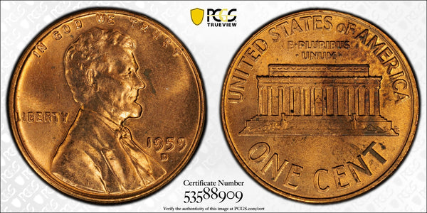 1959-D Lincoln Memorial Cent – PCGS MS64RD | First-Year Memorial Reverse | Near-Gem Red Copper Coin Heritage Pastime