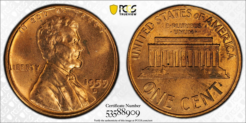 1959-D Lincoln Memorial Cent – PCGS MS64RD | First-Year Memorial Reverse | Near-Gem Red Copper Coin Heritage Pastime