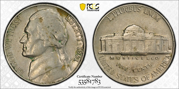1961-D Jefferson Nickel – PCGS Genuine AU Details (Environmental Damage) – Denver Mint Issue Heritage Pastime