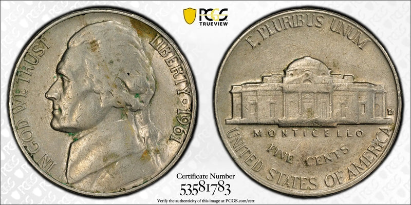 1961-D Jefferson Nickel – PCGS Genuine AU Details (Environmental Damage) – Denver Mint Issue Heritage Pastime