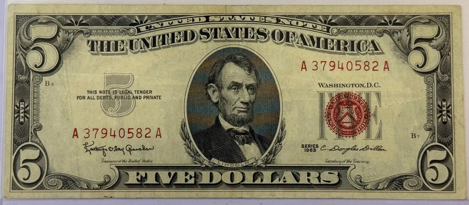 1963 $5 United States Note – Red Seal – Granahan/Dillon Signatures – Vintage Legal Tender Heritage Pastime