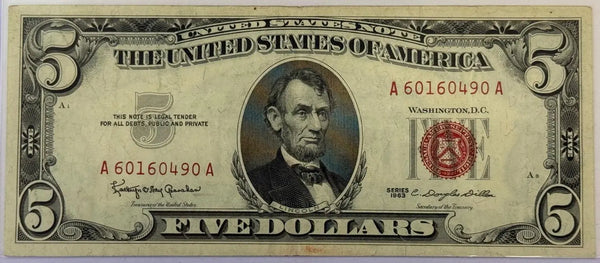 1963 $5 United States Note – Red Seal Legal Tender – Lincoln – Vintage U.S. Currency Heritage Pastime