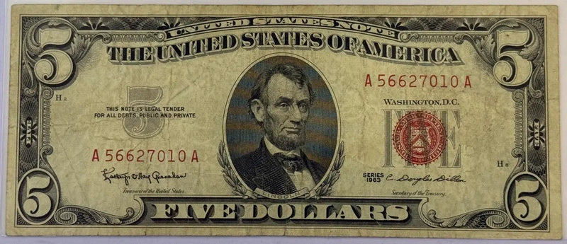 1963 $5 United States Note – Red Seal – Lincoln – Vintage U.S. Currency Heritage Pastime