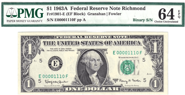 1963-A $1 FRN PMG Choice Unc 64EPQ Fancy TRUE 0/1 BINARY Serial #E00001110F Heritage Pastime