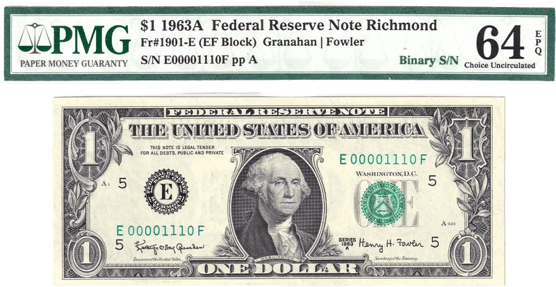 1963-A $1 FRN PMG Choice Unc 64EPQ Fancy TRUE 0/1 BINARY Serial #E00001110F Heritage Pastime