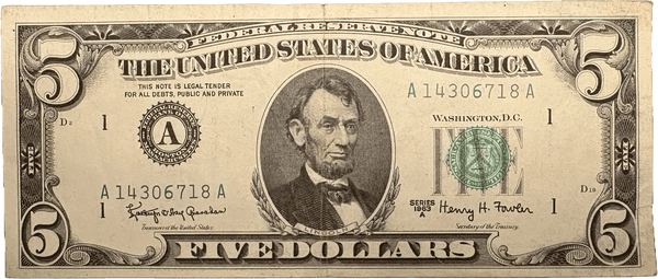 1963A $5 note. ERROR! Printing on reverse! RARE! Heritage Pastime