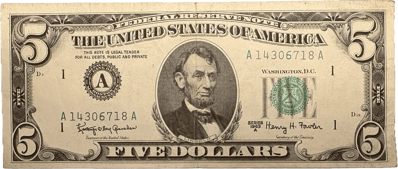 1963A $5 note. ERROR! Printing on reverse! RARE! Heritage Pastime
