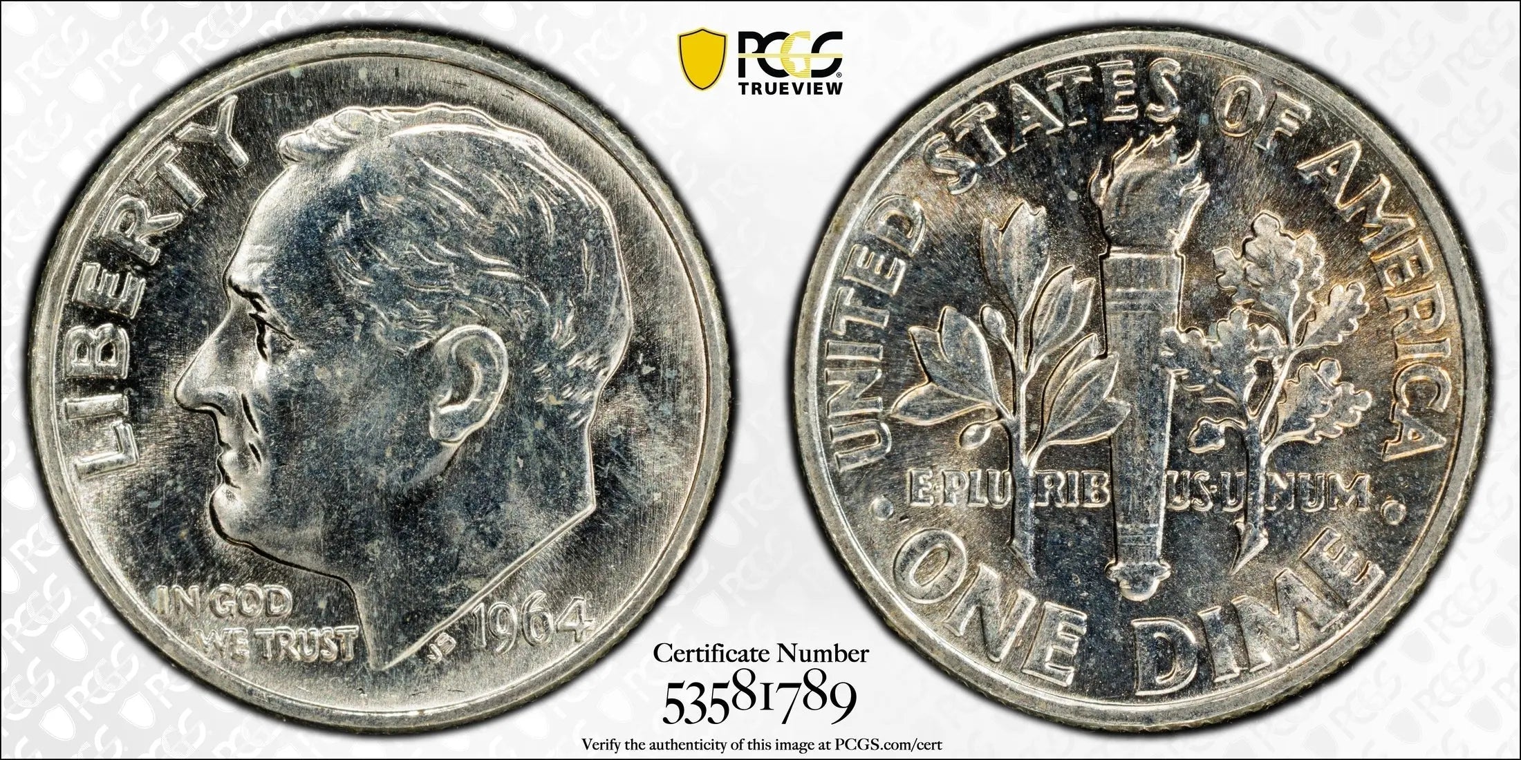 1964 Roosevelt Dime – PCGS MS65FB – Full Bands Gem Uncirculated Silver Coin Heritage Pastime