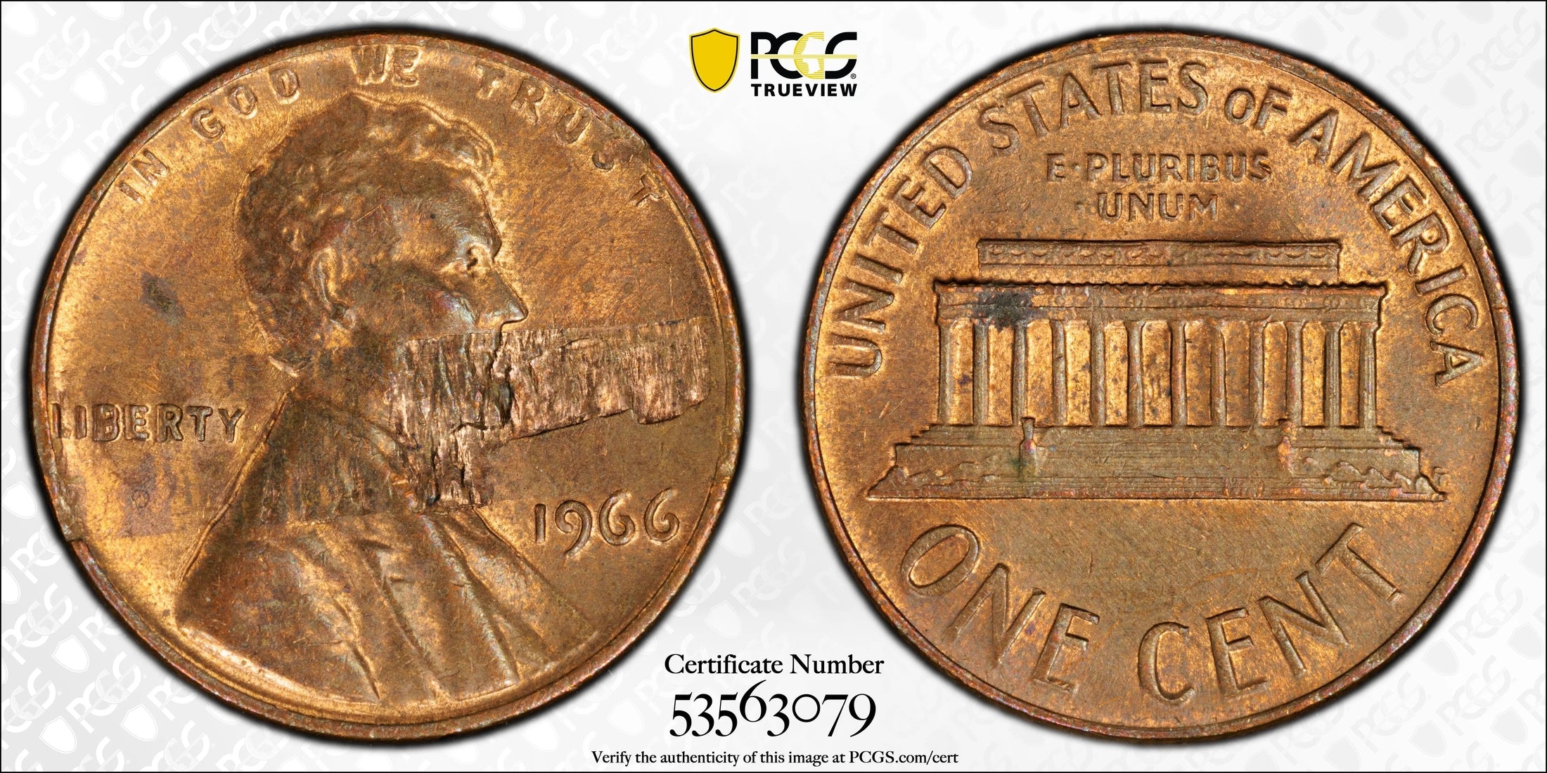 1966 Lincoln Cent 1C – PCGS MS62RB Obverse Lamination Error | Rare Mint Error Coin Heritage Pastime