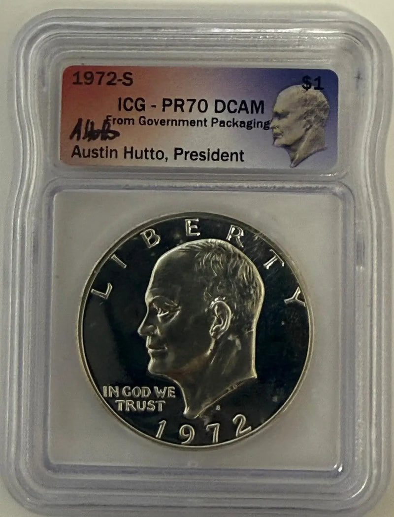1972-S Eisenhower Silver Dollar Proof – ICG PR70 DCAM | 40% Silver | Austin Hutto Signature Heritage Pastime