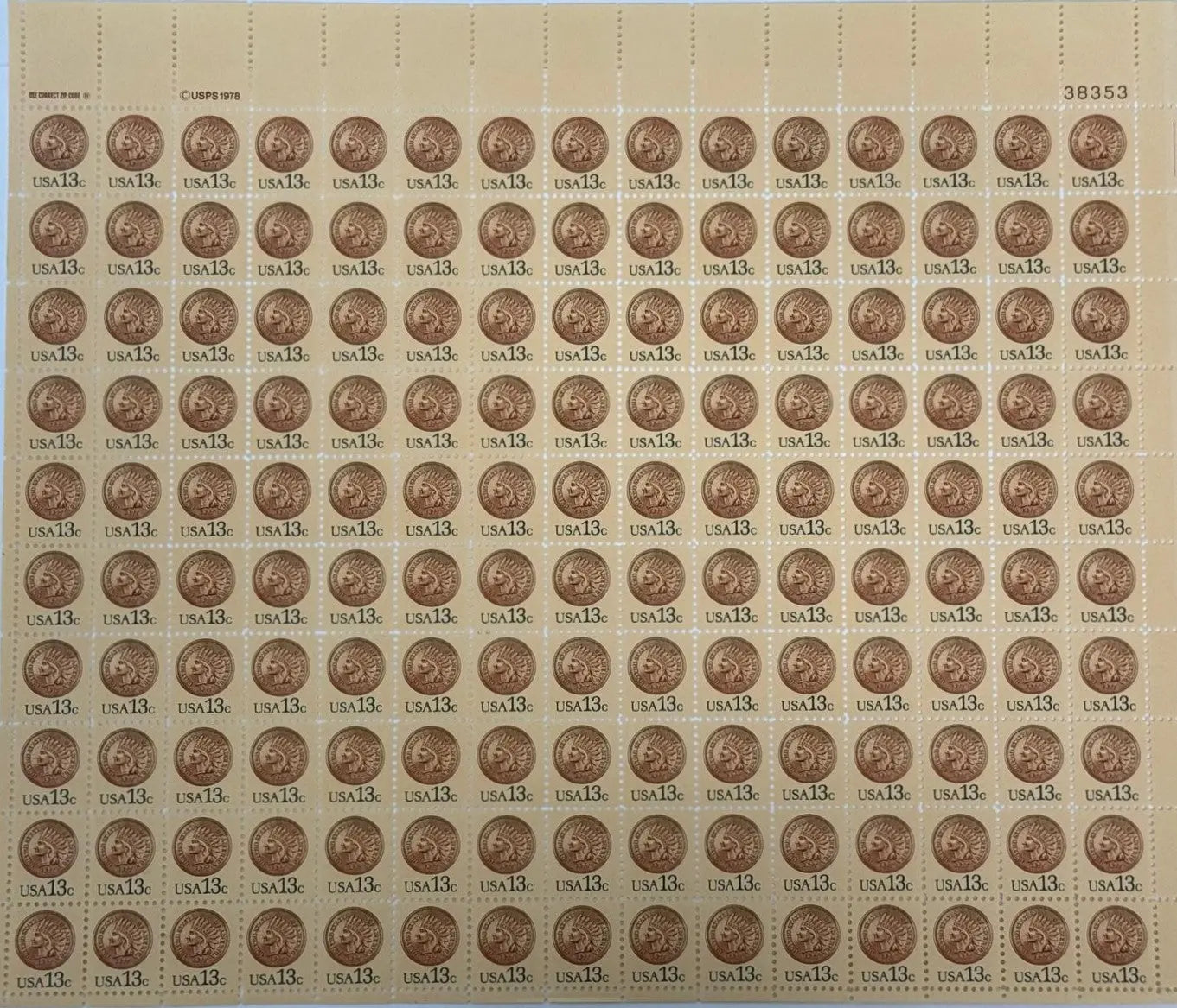 1978 USPS 13¢ Indian Head Penny Stamp Sheet – Scott #1734 | Mint NH | Full Sheet of 150 Heritage Pastime