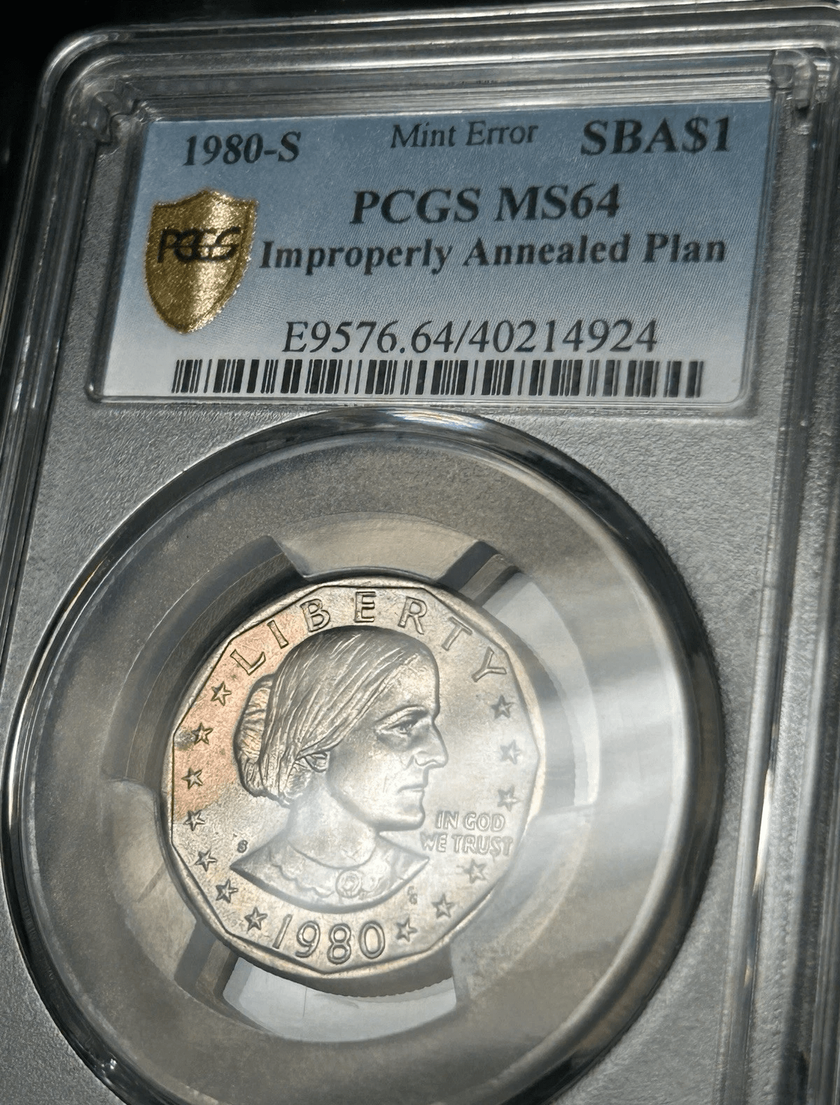 1980-S Susan B Anthony dollar error coin PCGS MS64 red toned