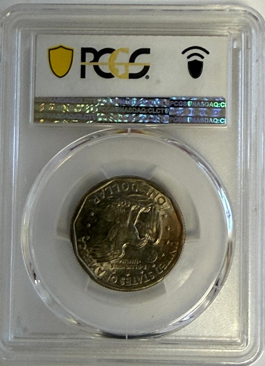 1980-S Susan B Anthony Dollar reverse with red toning in PCGS slab