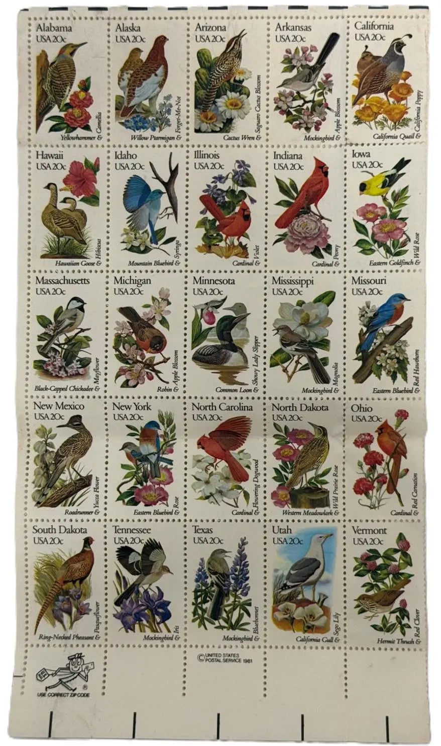 1982 Full Sheet of 50 U.S. State Birds & Flowers Stamps – Scott #1953–2002 | Historic Complete Collection Heritage Pastime