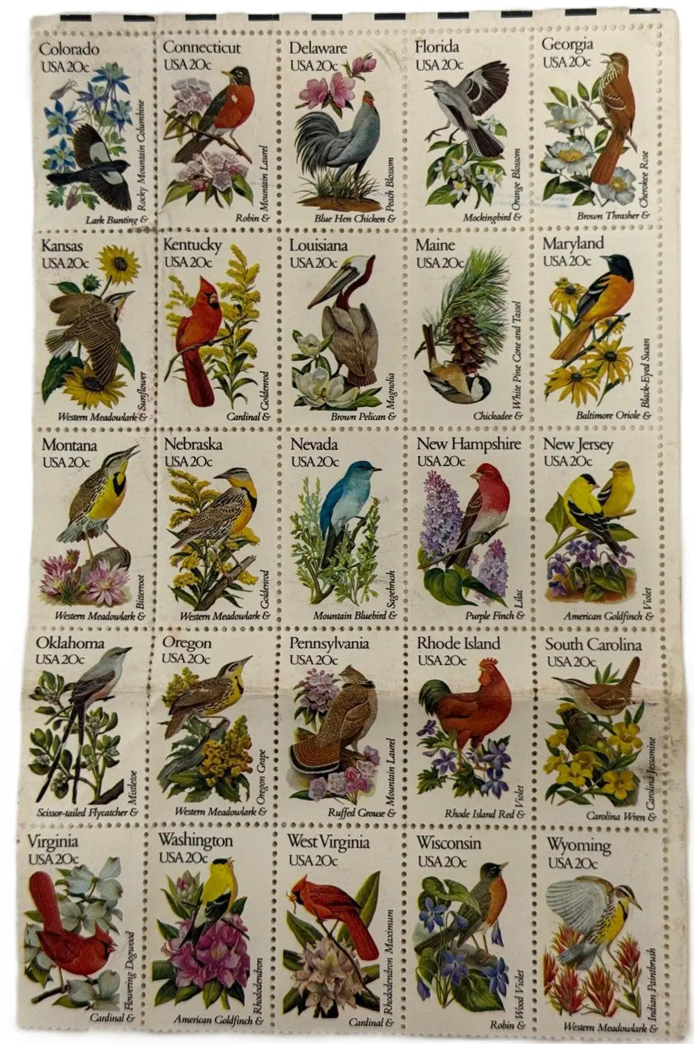 1982 Full Sheet of 50 U.S. State Birds & Flowers Stamps – Scott #1953–2002 | Historic Complete Collection Heritage Pastime