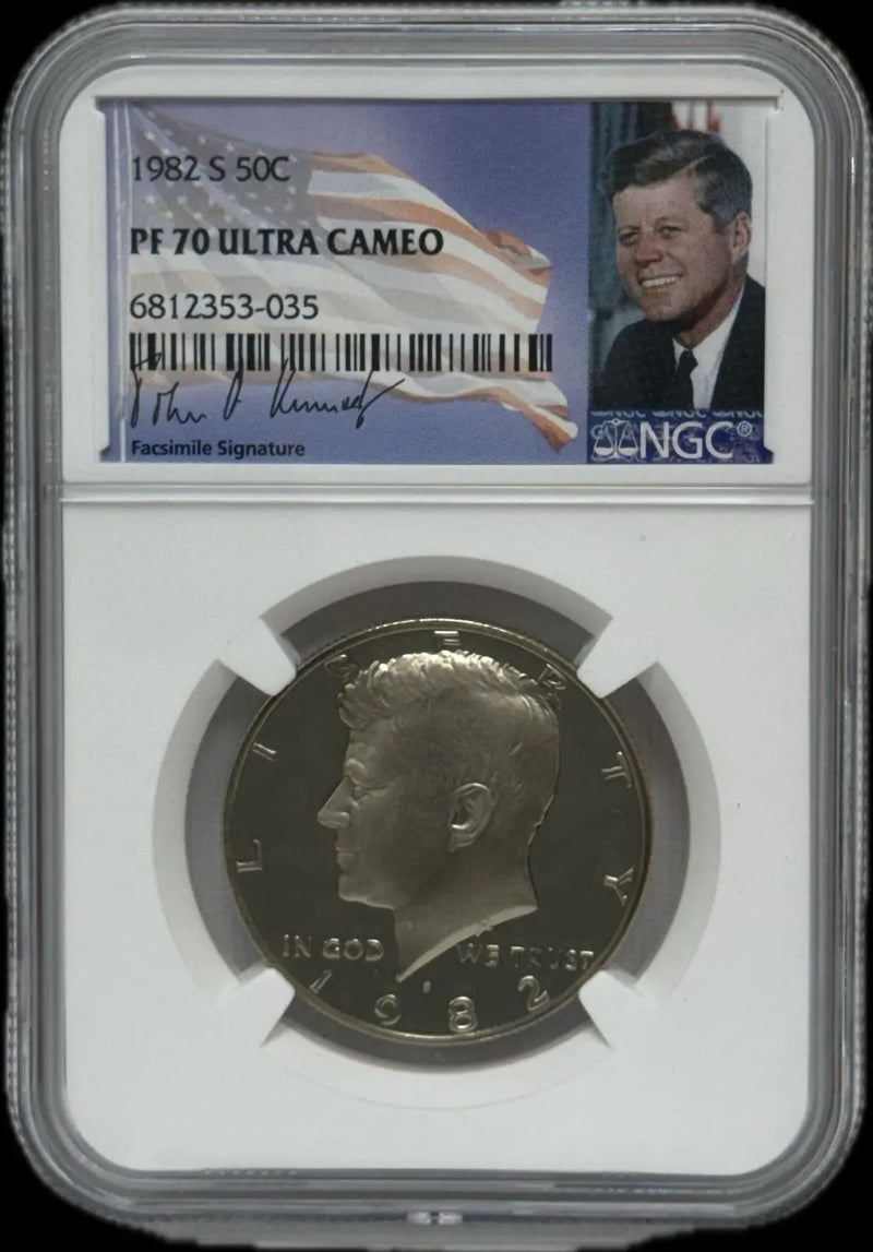 1982-S Kennedy Half Dollar PF70 Ultra Cameo – Perfect Proof with Striking Contrast Heritage Pastime