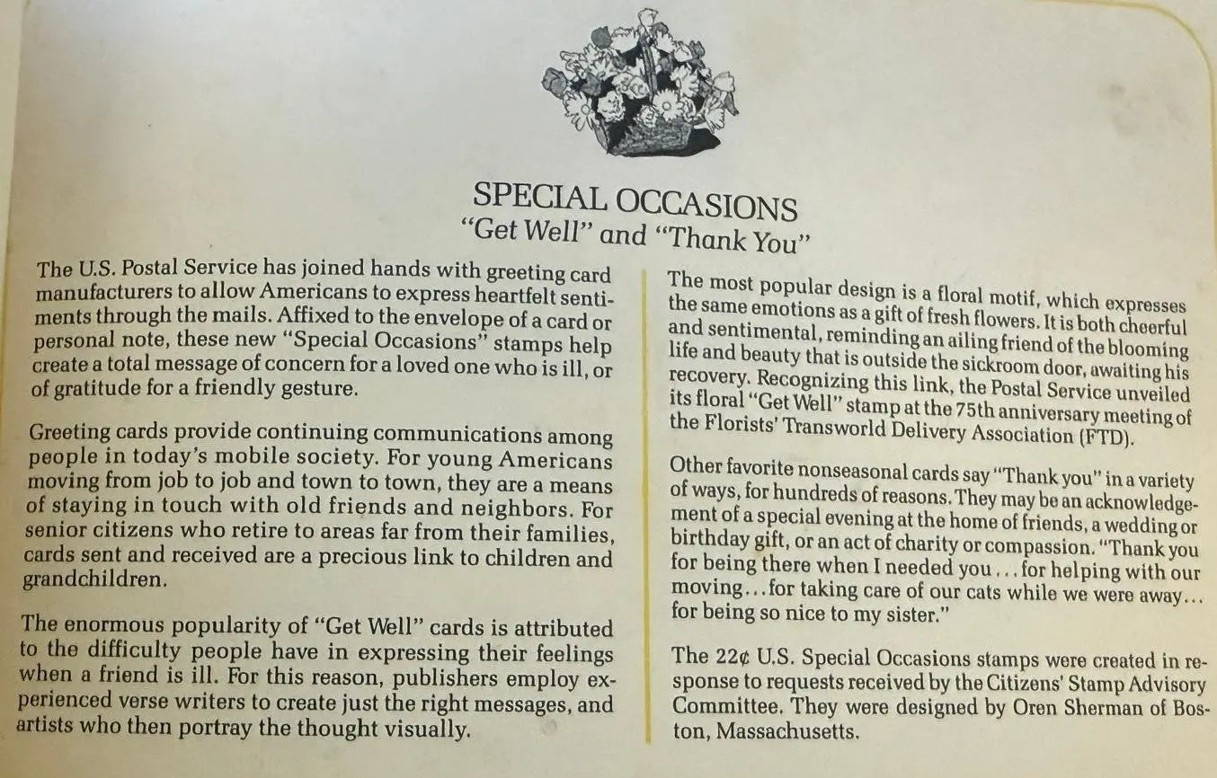 1987 First Day Cover (FDC) – "Special Occasions" Booklet Stamps | U.S. Commemorative Cover Heritage Pastime