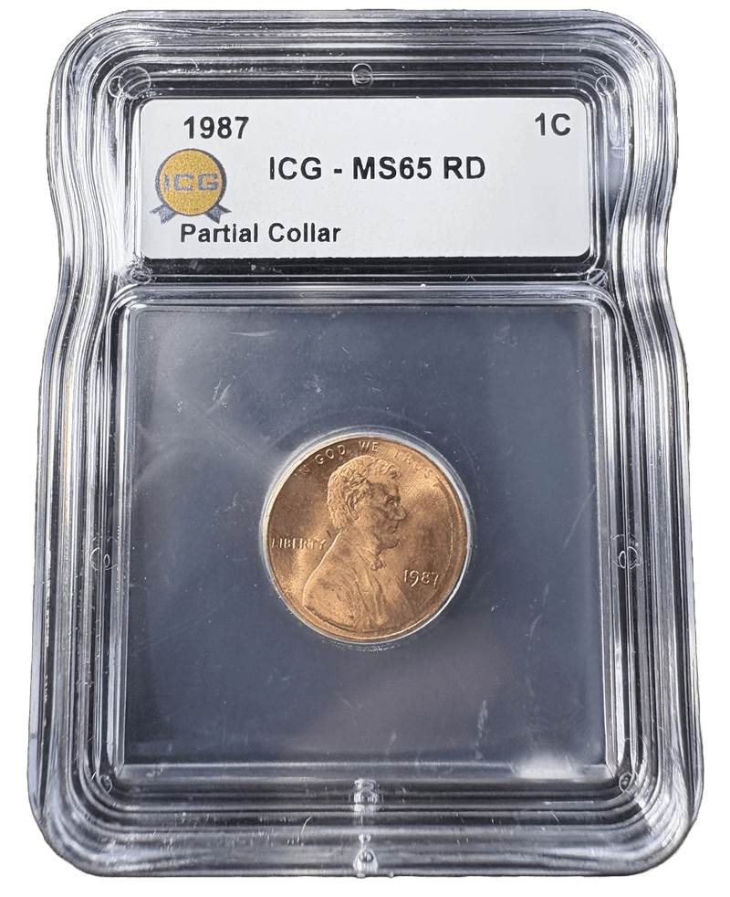 1987 Lincoln Cent Partial Collar Error ICG MS65 RD obverse with Lincoln profile