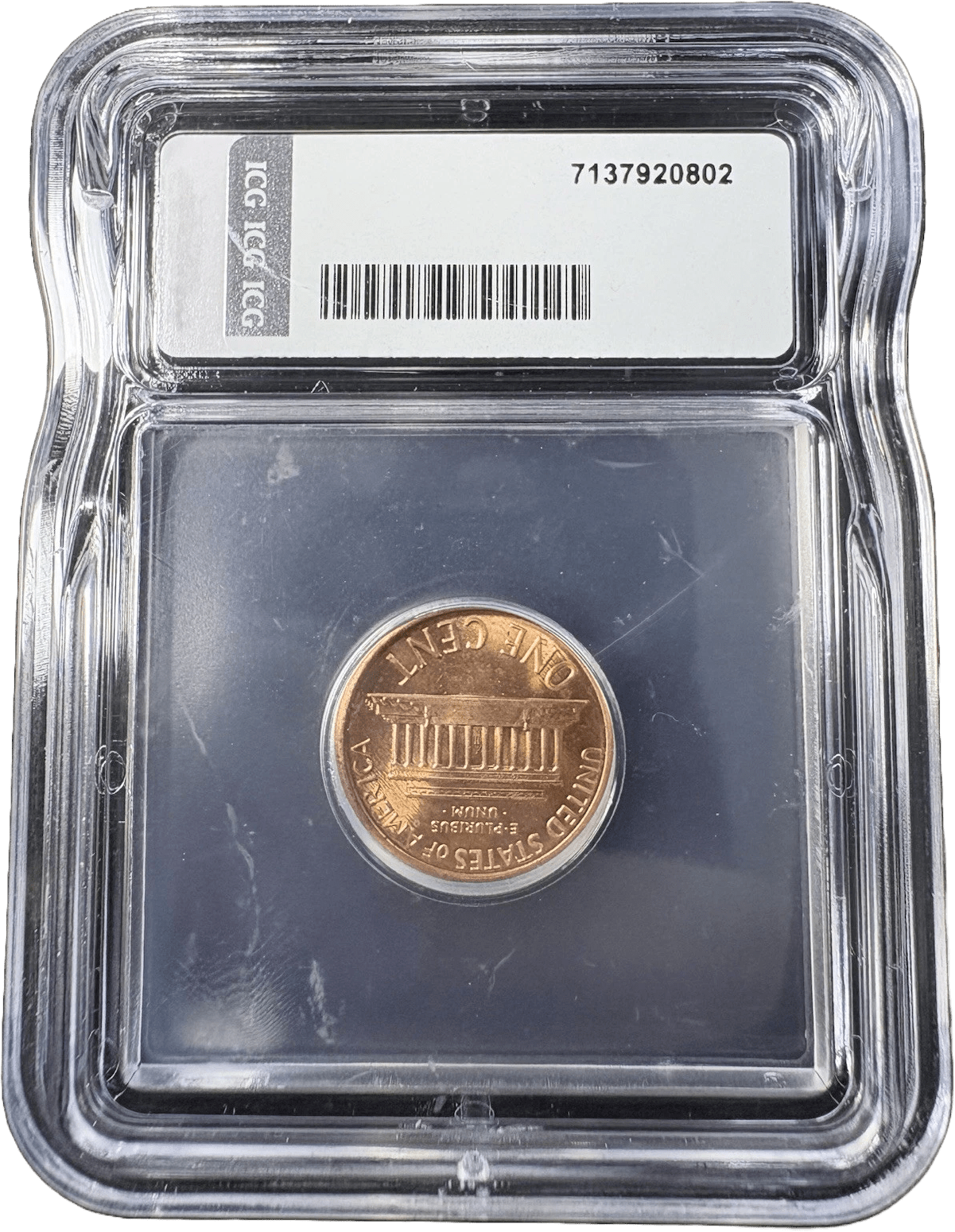 1987 Lincoln Cent Partial Collar Error ICG MS65 RD reverse showing uneven rim