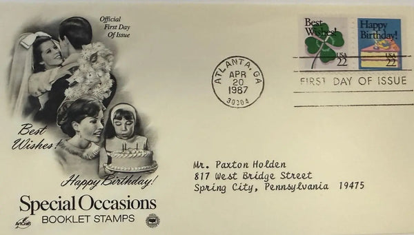 1987 "Special Occasions" First Day Cover (FDC) – 22¢ "Best Wishes" & "Happy Birthday" U.S. Stamps Heritage Pastime