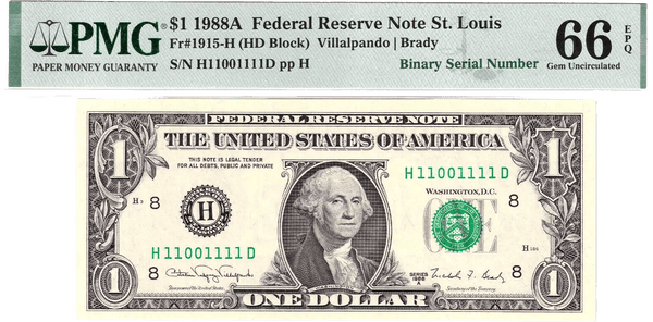 1988-A $1 FRN PMG 66EPQ Fancy NEAR SOLID 6 DIGIT 0/1 BINARY Serial #H11001111D Heritage Pastime