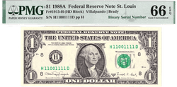 1988-A $1 FRN PMG 66EPQ Fancy CASI SÓLIDO 6 DÍGITOS 0/1 BINARIO Número de serie H11001111D