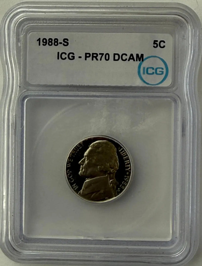 1988-S Jefferson Nickel Proof – ICG PR70 DCAM | Perfect Deep Cameo Gem Heritage Pastime