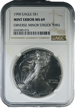 1990 American Silver Eagle MS69 NGC – Obverse Struck-Through Mint Error