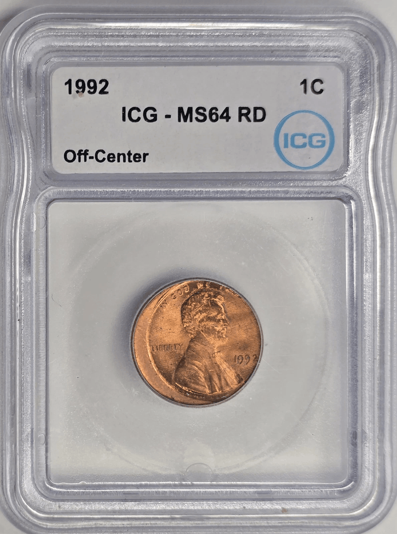 1992 Off-Center Lincoln Cent Error Coin ICG MS64 Red reverse profile