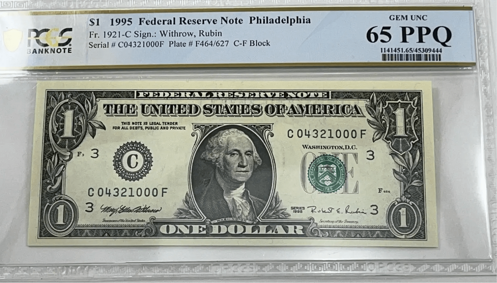 1995 $1 FRN PCGS 65PPQ partial ladder reverse serial C04321000F front