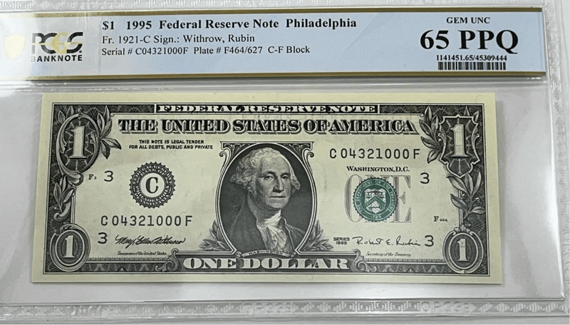 1995 $1 FRN PCGS 65PPQ Fancy PARTIAL LADDER - Reverse Serial #C04321000F Heritage Pastime