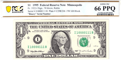 1995 $1 FRN PCGS 66PPQ Fancy VERDADERO 0/1 BINARIO Número de serie I10000111B
