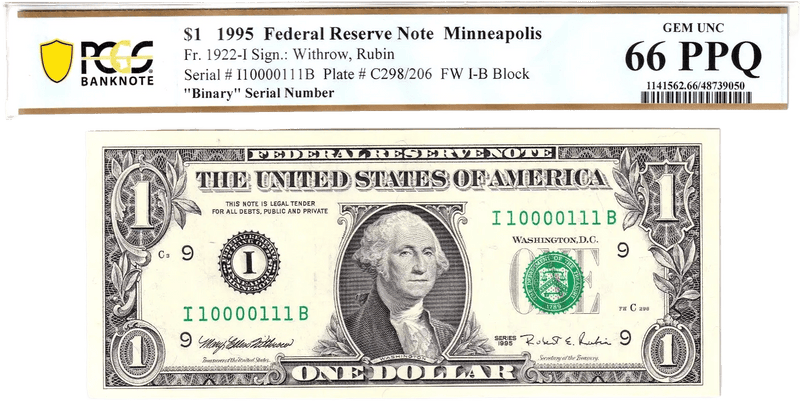 1995 $1 FRN PCGS 66PPQ Fancy TRUE 0/1 BINARY Serial #I10000111B Heritage Pastime