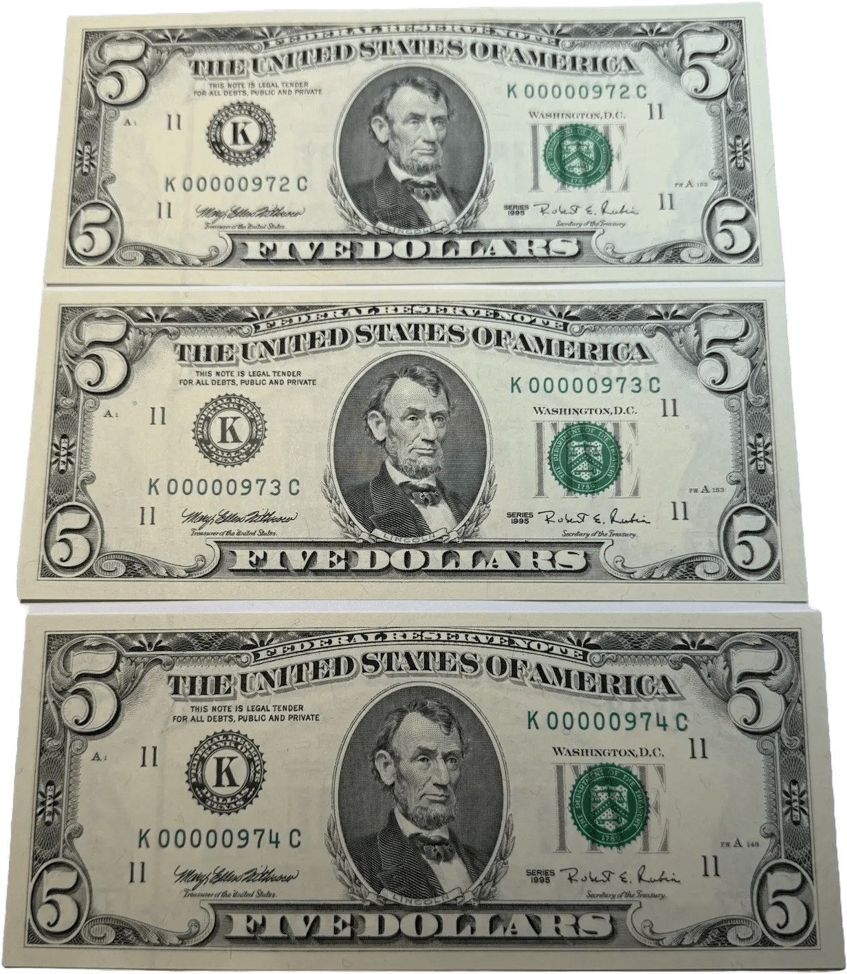 1995 3 DIGIT LOW SERIAL NUMBER 974 $5 Dollar Bills FANCY K00000927C~3 CONSECUTIVE Heritage Pastime