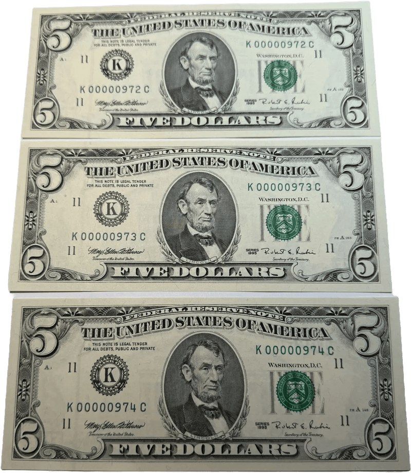 1995 3 DIGIT LOW SERIAL NUMBER 974 $5 Dollar Bills FANCY K00000927C~3 CONSECUTIVE Heritage Pastime