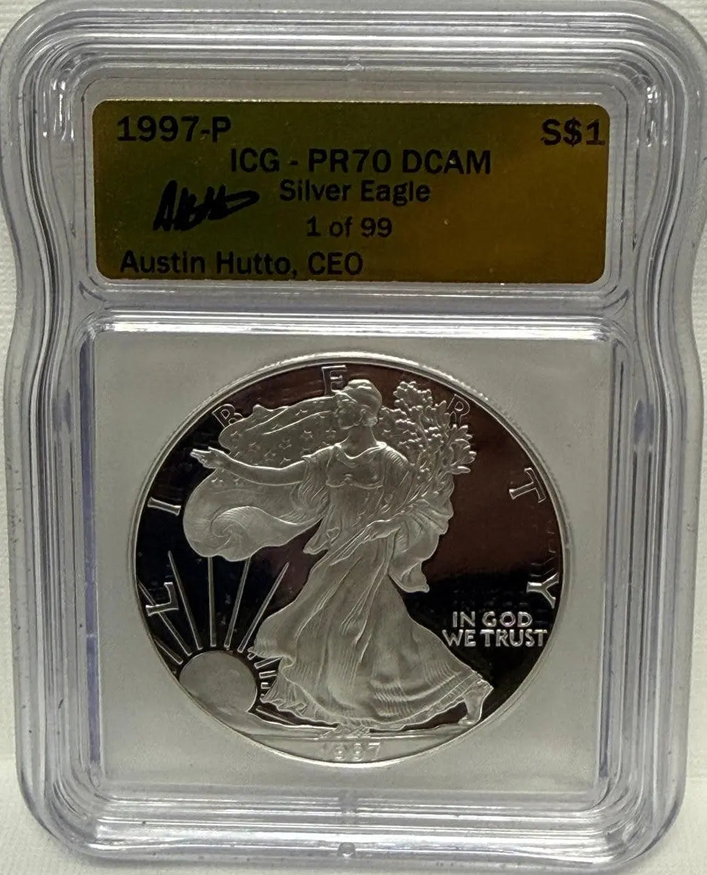 1997-P ICG Silver Eagle PR70 DCAM – One of 99, Signed by Austin Hutto, CEO - Highly Collectible Heritage Pastime