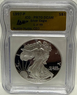 عملة ICG الفضية النسر PR70 DCAM لعام 1997-P - واحدة من 99 عملة، موقعة من قبل أوستن هوتو، الرئيس التنفيذي - قطعة نادرة جدًا لهواة الجمع