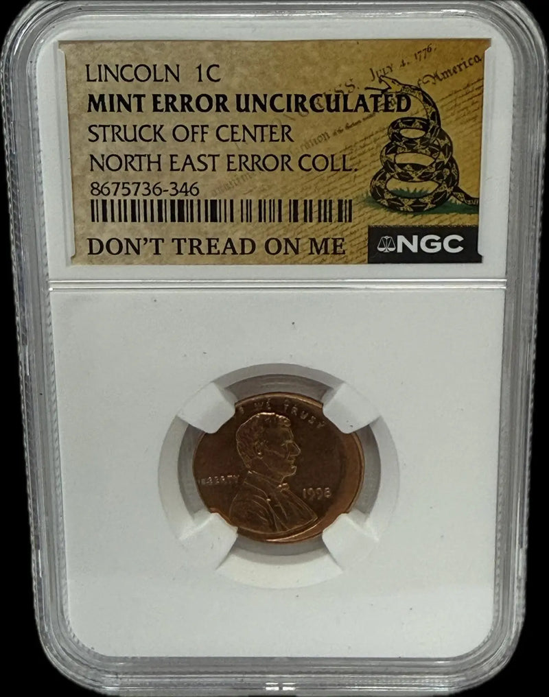 1998 Lincoln Cent, Mint Error – Uncirculated Struck Off-Center, Northeast Error Collection Heritage Pastime