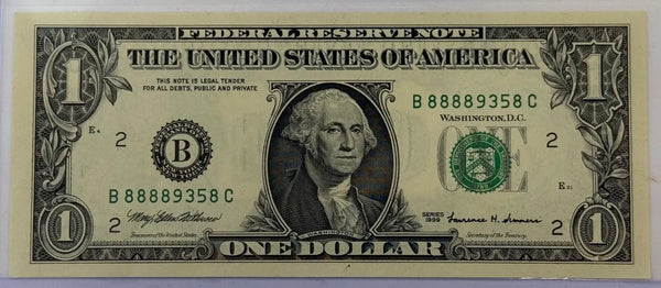 1999 $1 Federal Reserve Note – Fancy Serial 88889358 – New York (B) District Heritage Pastime