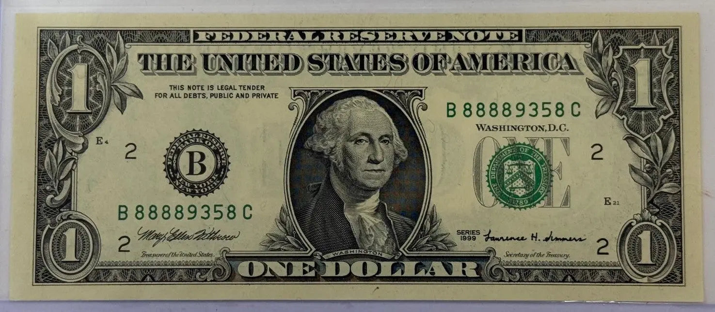 1999 $1 Federal Reserve Note – Fancy Serial 88889358 – New York (B) District Heritage Pastime
