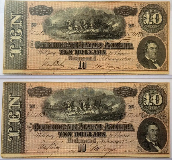 2 1864 Confederate States of America $10 Notes – Consecutive Serial Numbers | Civil War Currency Heritage Pastime