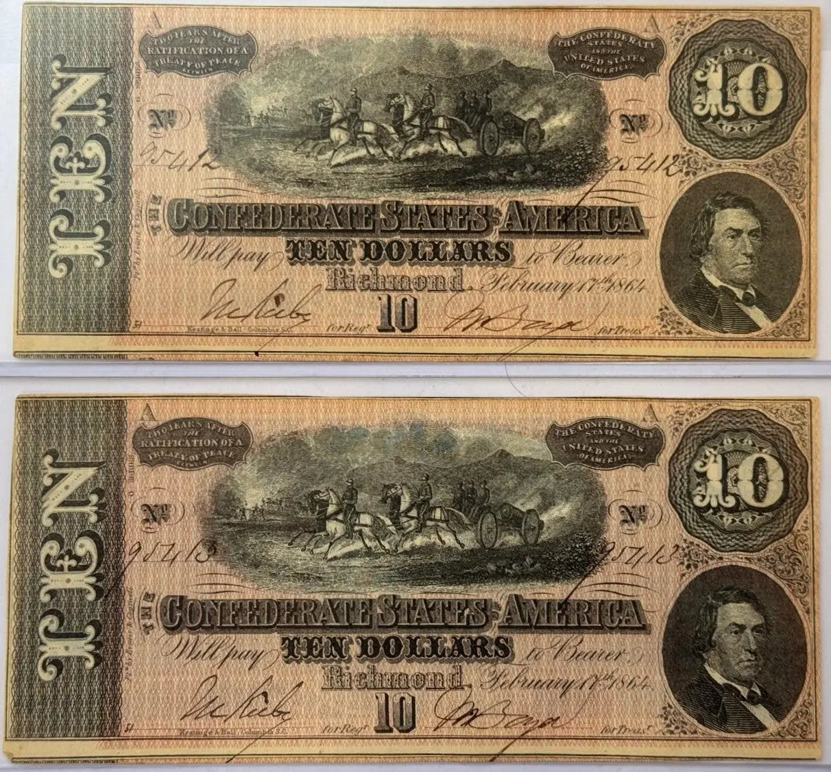 2 1864 Confederate States of America $10 Notes – Consecutive Serial Numbers | Civil War Currency Heritage Pastime