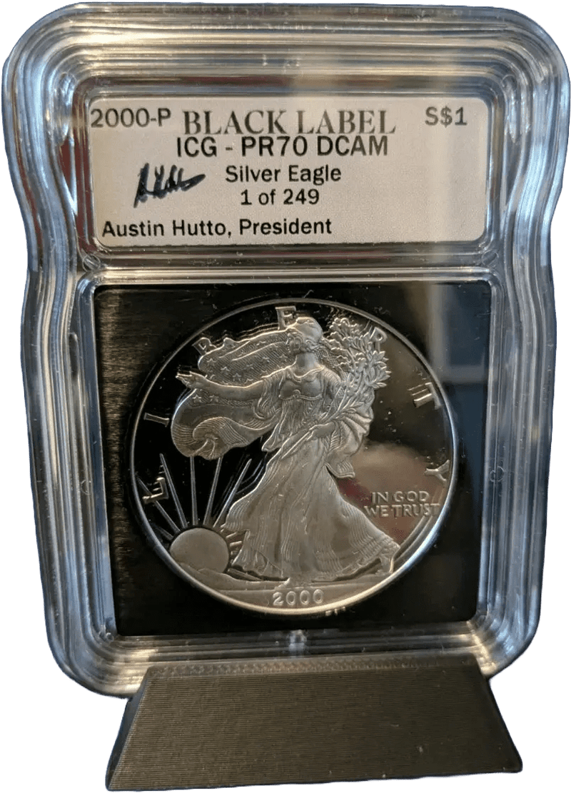 2000 P Silver Eagle Proof – Austin Hutto Signed Black Label Edition - American Coinage Heritage Pastime