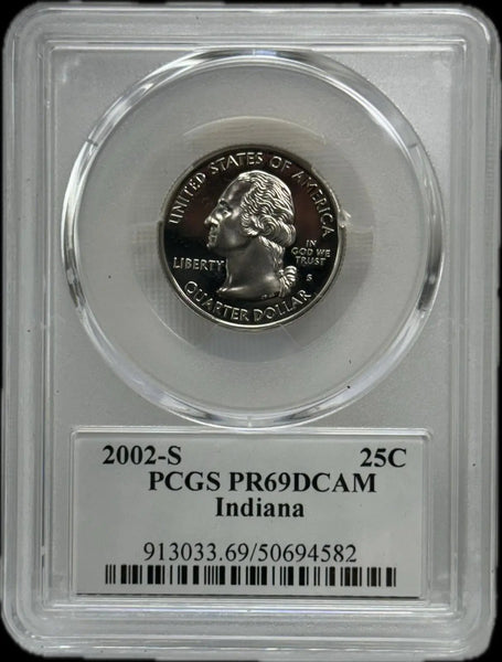 2002-S 25C PCGS PR69 DCAM Indiana – Rare, Near-Perfect Proof Coin Heritage Pastime
